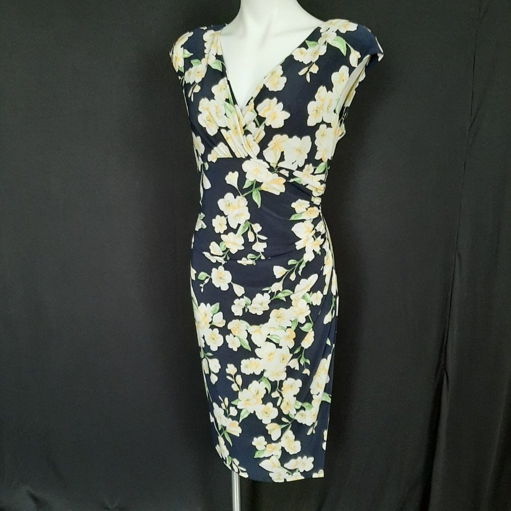 Ralph Lauren Side Shirred Floral Yellow and Navy Dress - Picture 4 of 10